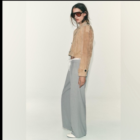 Zara Wide-Leg Light Gray Double Waisted Drawstring Pants - Picture 2 of 15